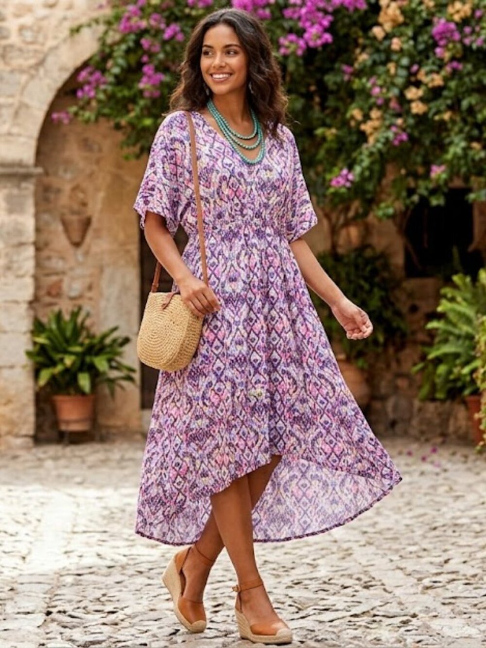 Nurture By Westbound Boho Floral Ikat Midi Dress | Pink, 1X| NWT